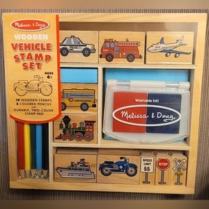 Melissa & Doug Wood Vehicle Stamp Set and Schylling chalk board/wipe board set
